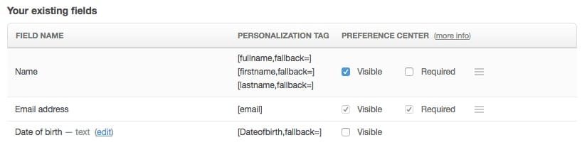 In Campaign Monitor, personalization tags are based on subscriber field data, which is information on your subscribers that was recorded during their initial opt-in for your subscriber list.