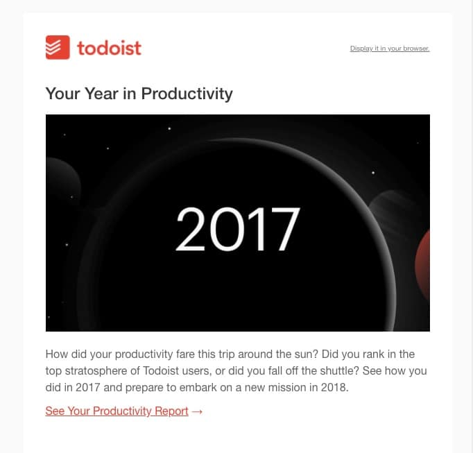 One of the great email personalization examples is this one from Todoist.