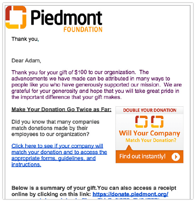 Piedmont Donation Email