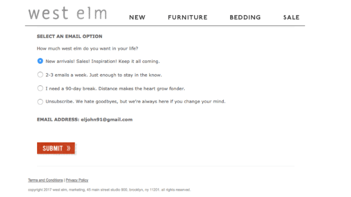 West Elm Give Control to Email Subscribers