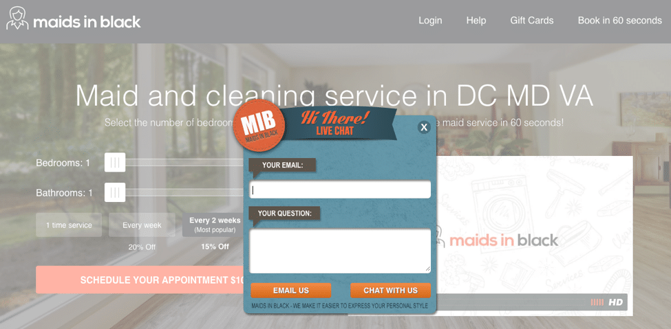 Maids in Black Email Subscription Form before Live Chat