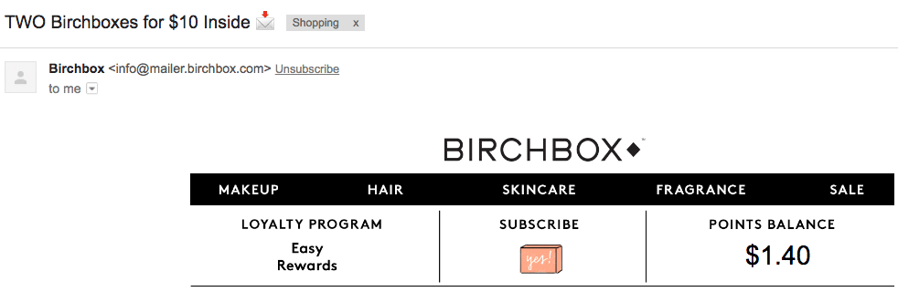 Birchbox – Email Marketing – Header Loyalty Information