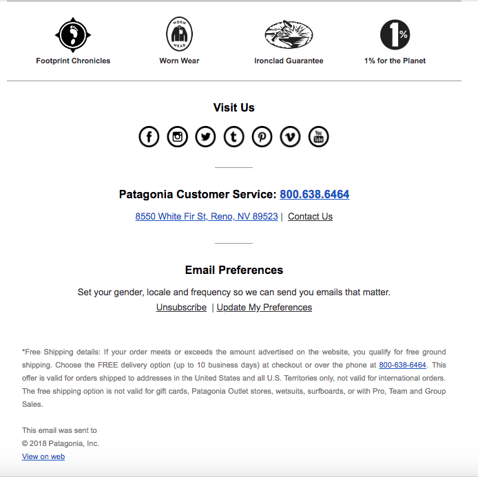 Patagonia - Pie de página del enlace de preferencias de correo electrónico