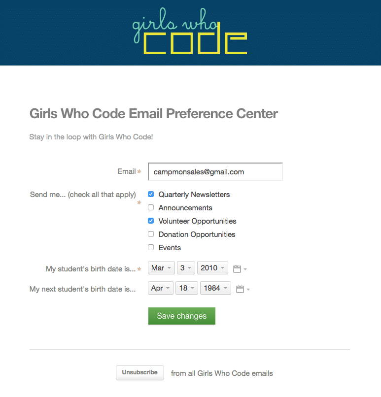  Girls Who Code – Email Preference Center – Subscriber Data