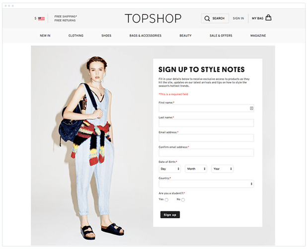 Topshop – Build Segments after Email Sign Ups