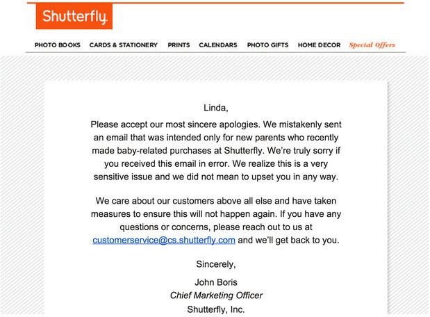 shutterfly personal apology email