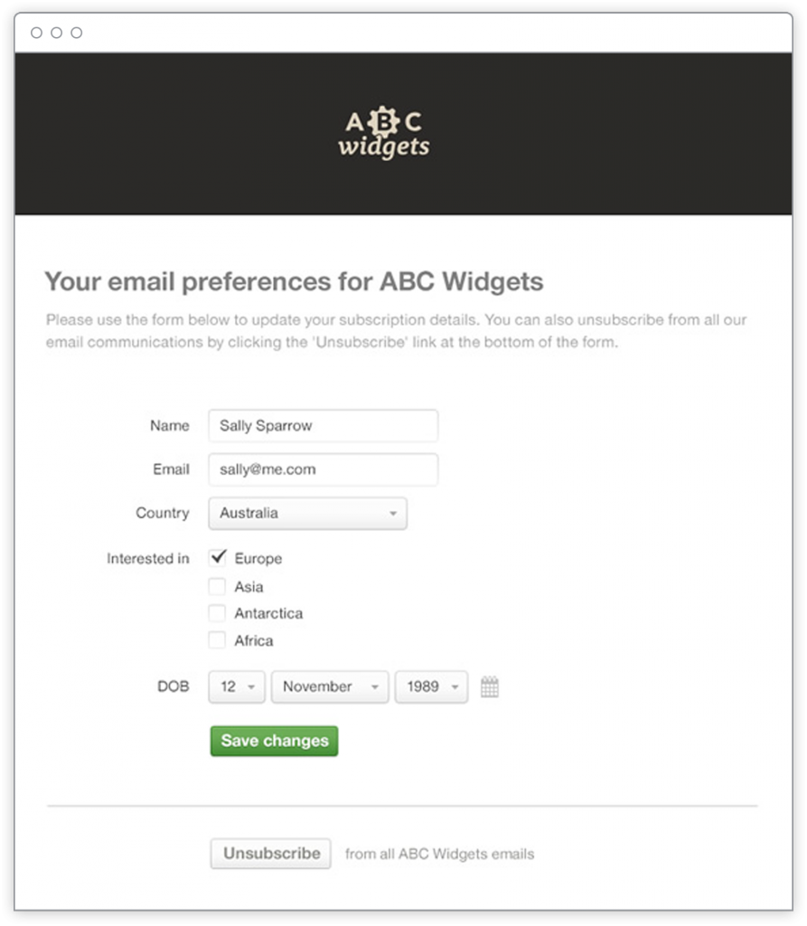 ABC Widgets – Personalized Email - Preference Center