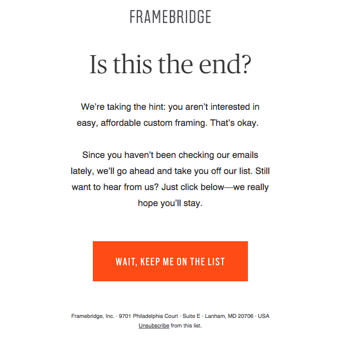 framebridge re-engagement email with header "is this the end" and subject line "goodbyes are hard"