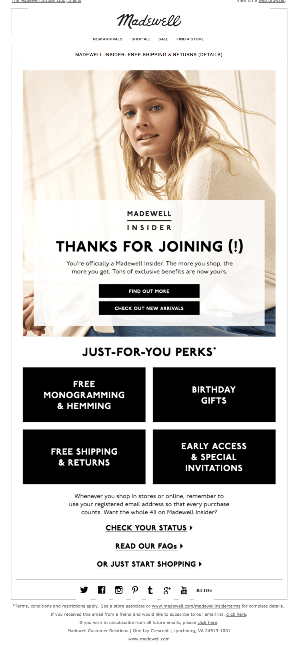 welcome email that says thanks for joining from madewell