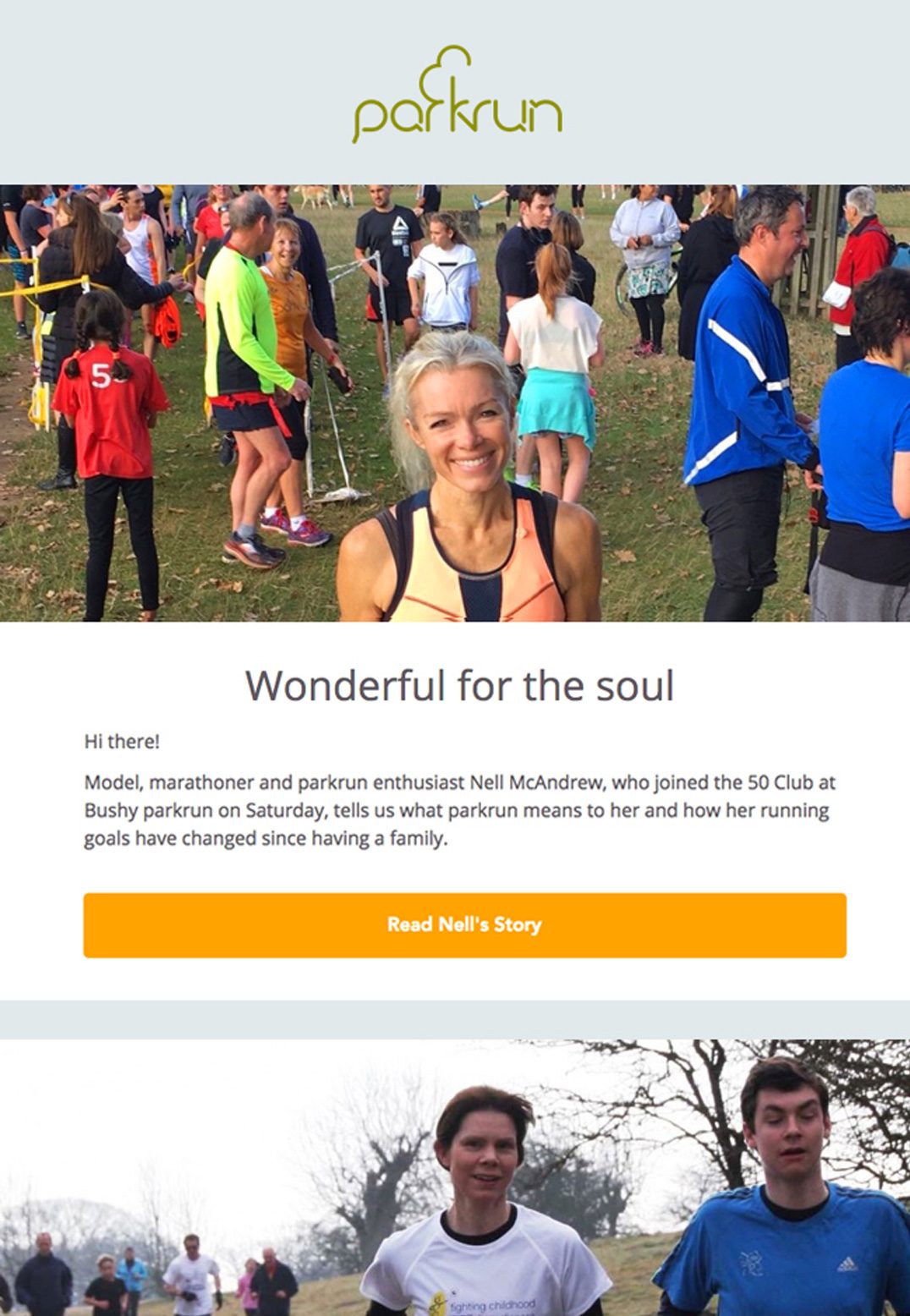 this parkrun example shows a picture of Nell, gives an intro about her, and has a cta "read nell's story"