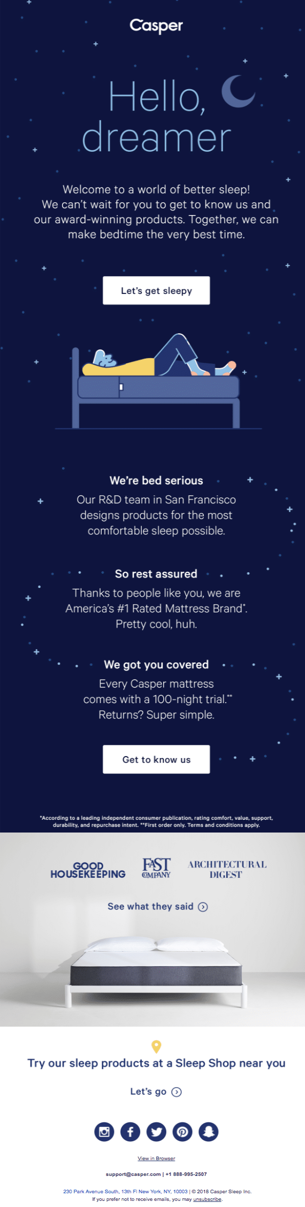 Online mattress company Casper greets customers with an introduction to their product.