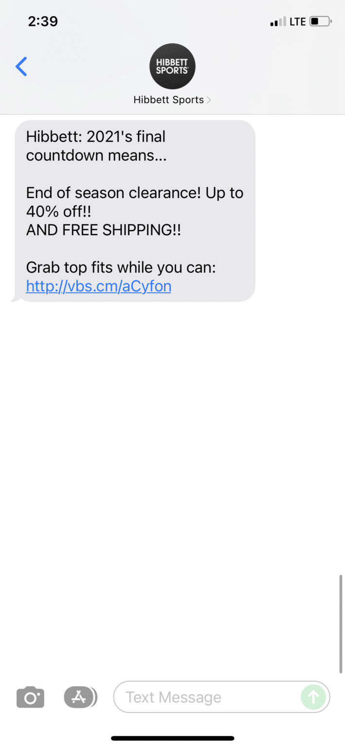 SMS example from Hibbett Sports.
