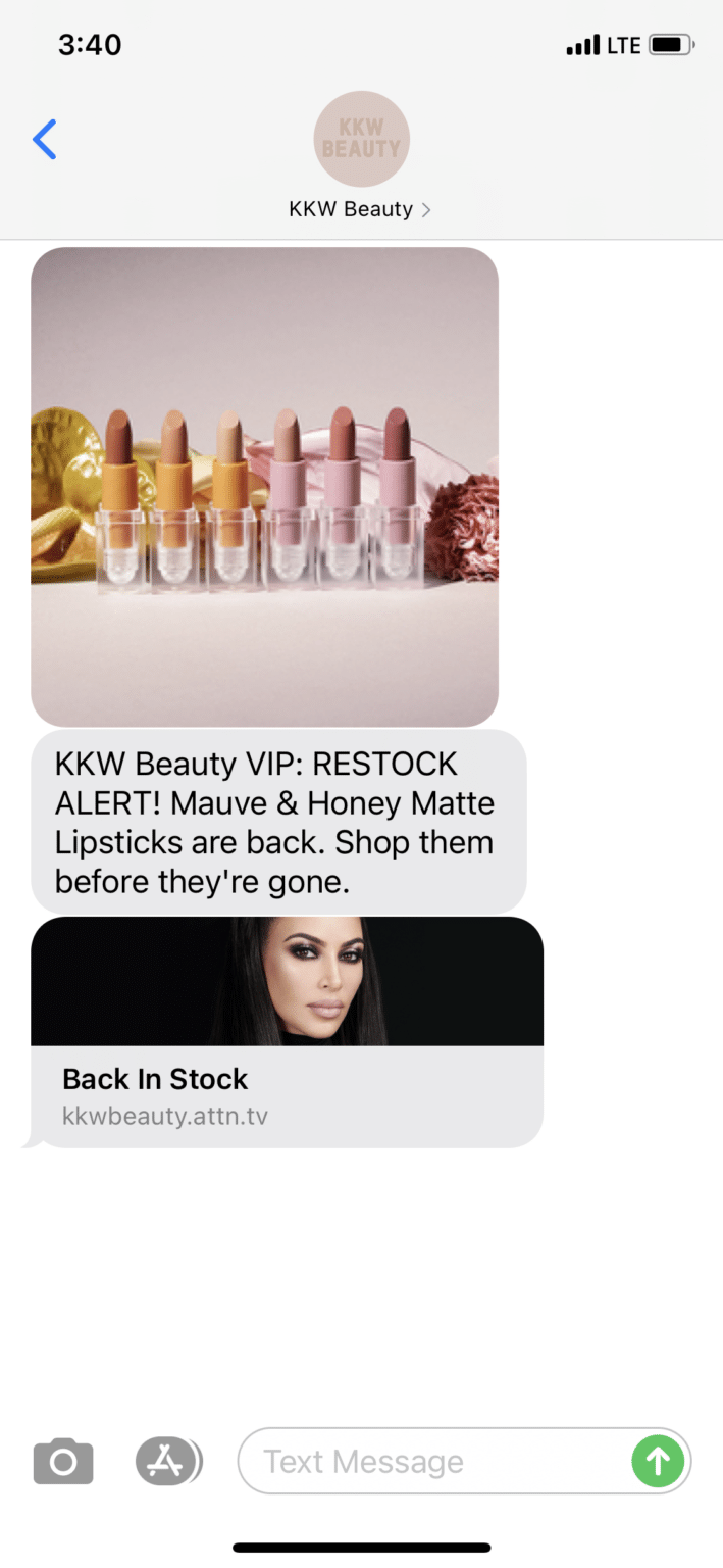 Un ejemplo de un correo electrónico SMS de KKW Beauty.