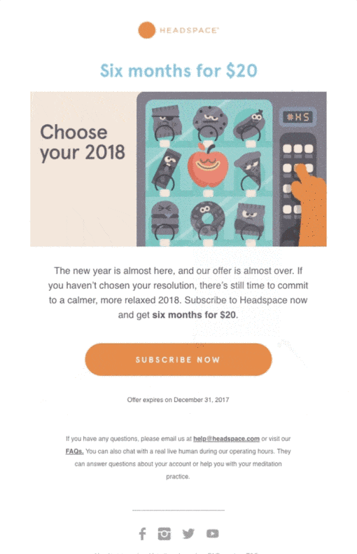 This email from Headspace features a vending machine gif that says "Choose your 2018."