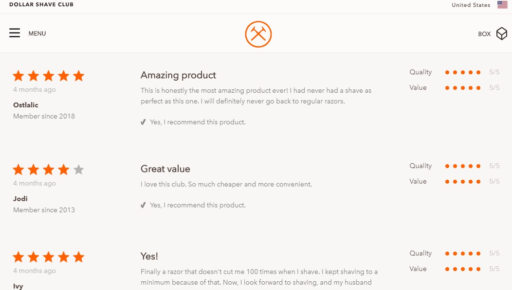 The Dollar Shave Club has their own reviews page which allows customers to share their honest reviews and at the same time lets interested visitors try the service by joining the “club.”