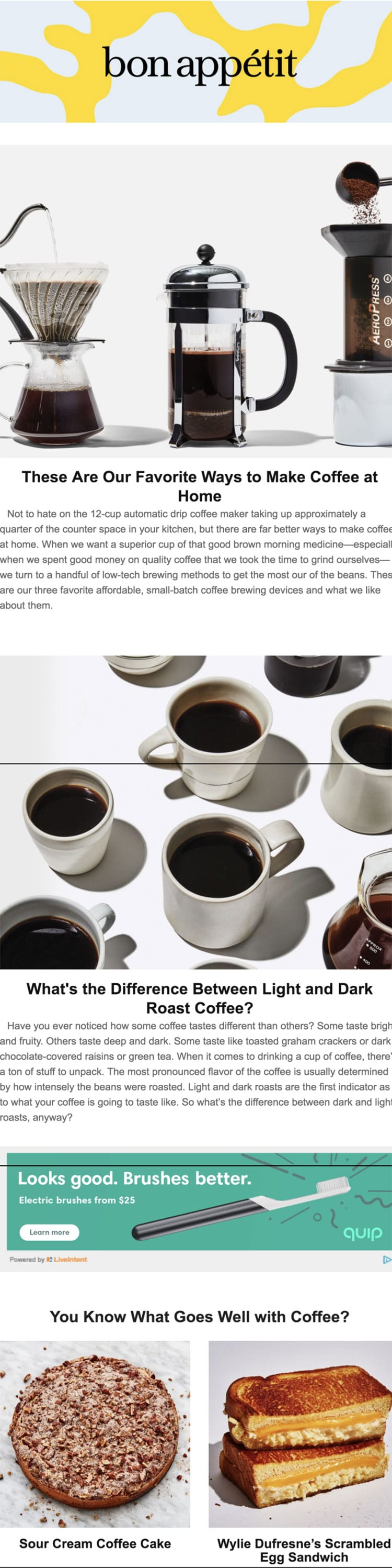 The bon appetit newsletter features coffee imagery and stories for food lovers. 