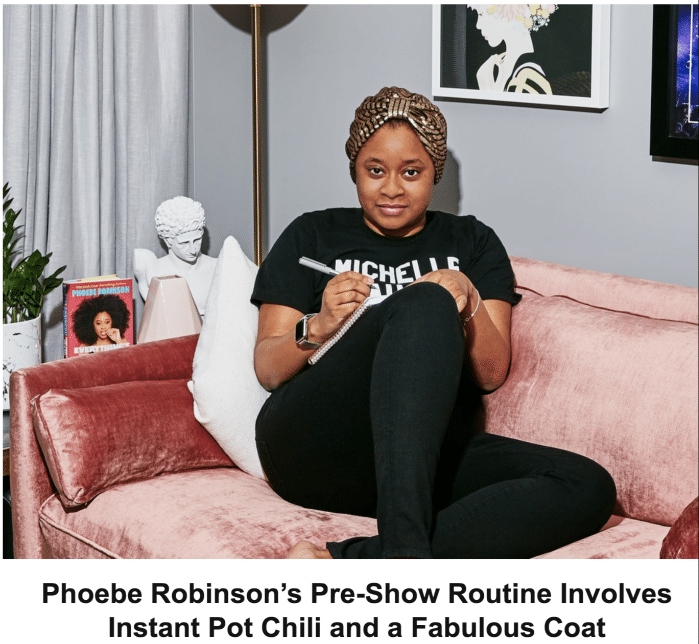Phoebe Robinson sits on a couch with a notebook and pen in hand for the Bon Appetit newsletter.