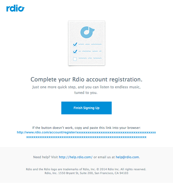 Rdio reminds subscribers to complete their account registration.