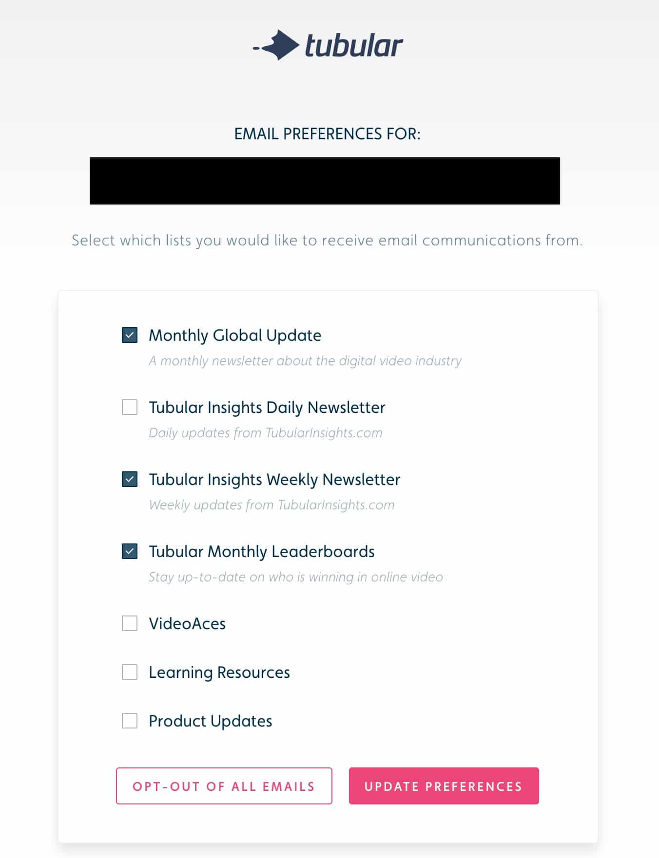 Promotional emails - Tubular Insights preferences