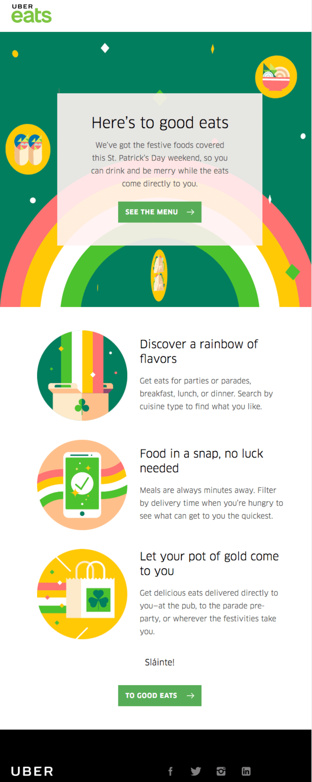 Uber Eats sends a promotional email to celebrate St. Patrick's Day. 