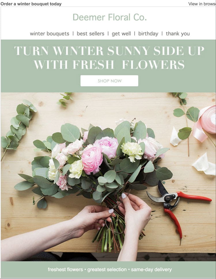 The email above uses seasonal appeal in its messaging, encouraging subscribers to take advantage of the florals available during the cold winter months.