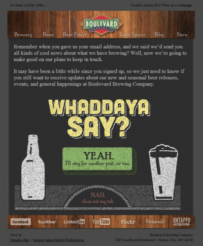 Boulevard Brewing Co. earns a few bonus point with their creative call to action buttons embedded within the email. 