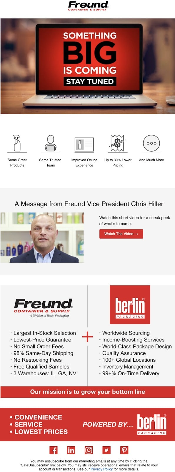 The Freund email begins with a graphic that builds interest and anticipation, as it tells customers that an announcement is coming soon.