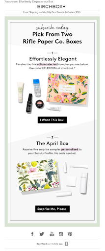 In their re-engagement email, Birchbox not only provides subscribers with promo codes, but they also give their subscribers options: a choice between a standard product or a surprise!