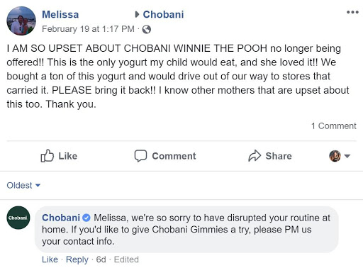Chobani does an excellent job of responding to a disgruntled mother after they pulled a favorite product: 