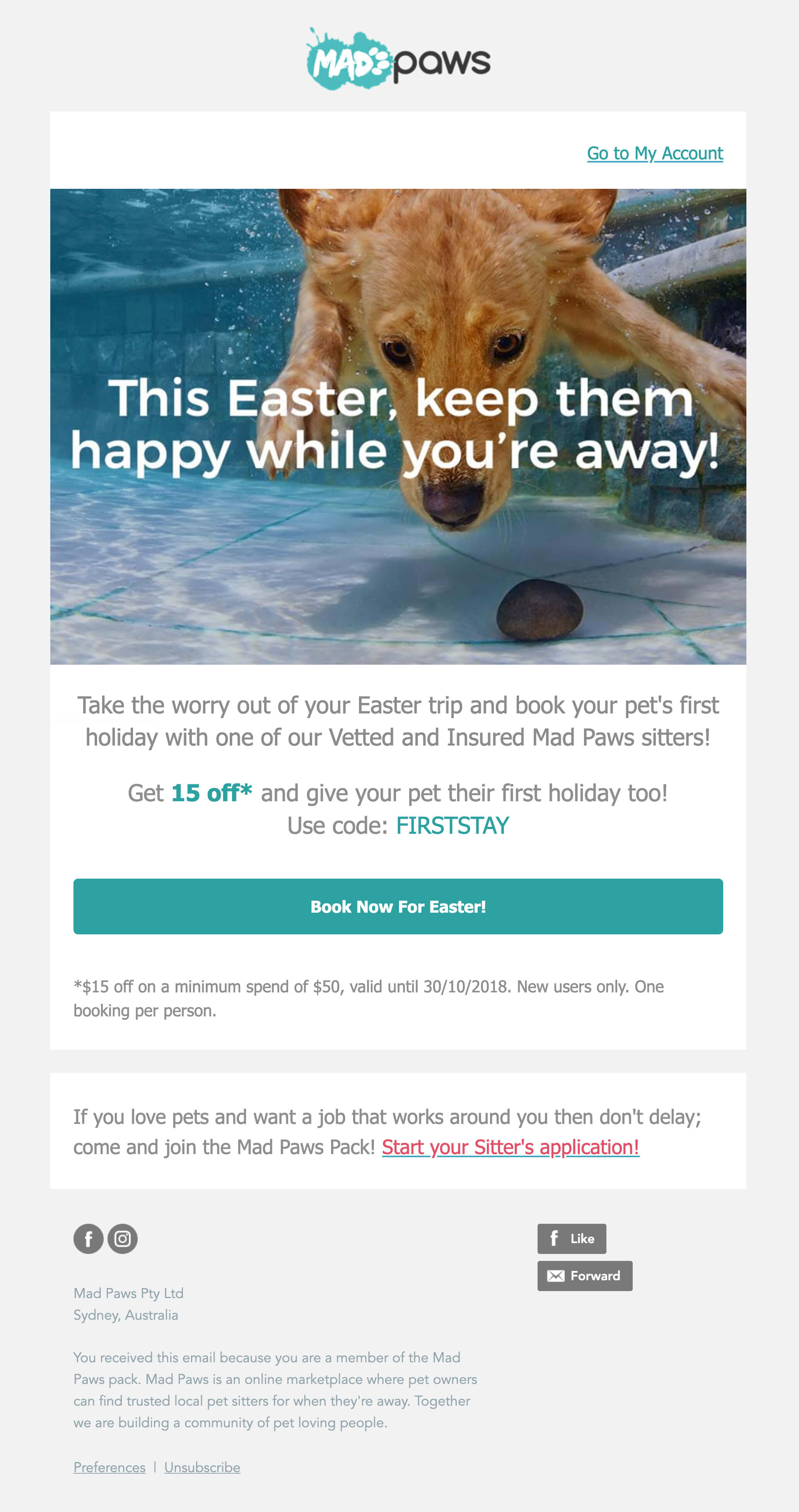 Holiday promotion email from Mad Paws with headline "This Easter, keep them happy while you're away!"