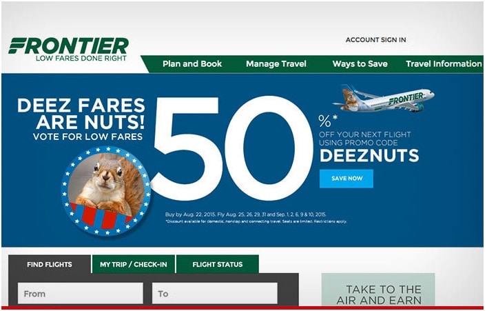 Outrageous event email examples - Frontier deez nuts offer "deez deals are nuts"