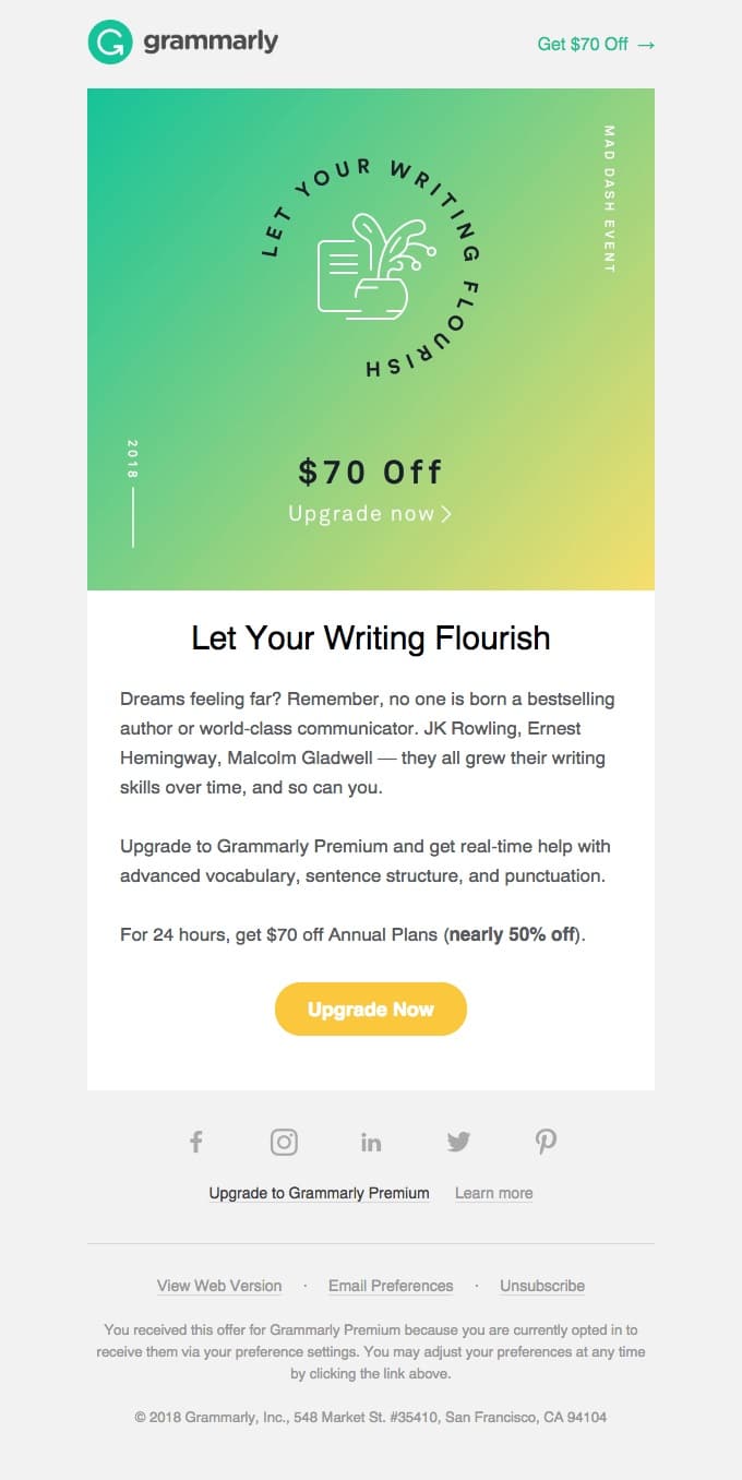 A promotional email from Grammarly that performs well
