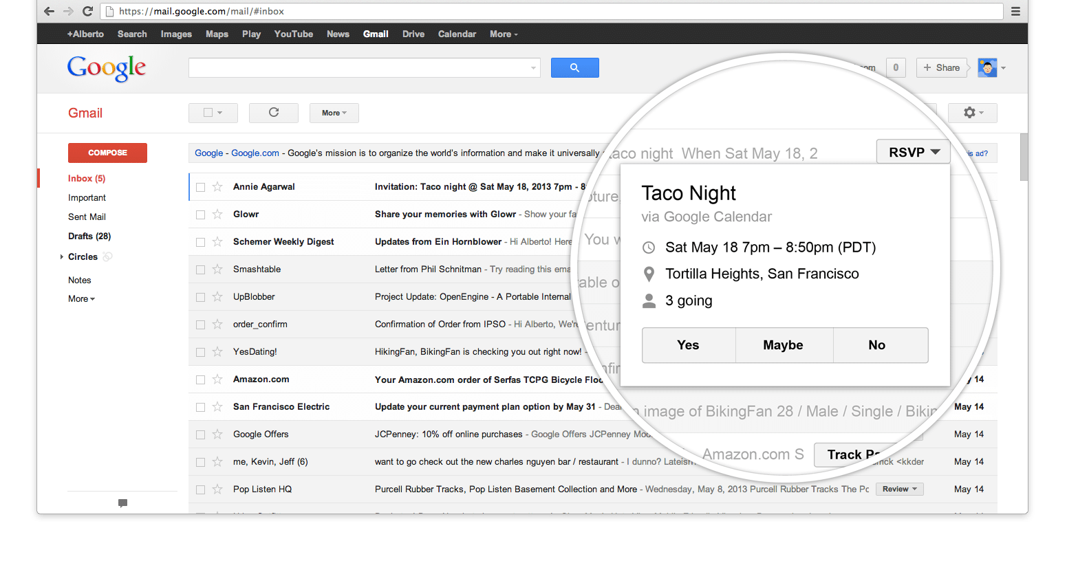 screenshot of a gmail inbox with an RSVP action