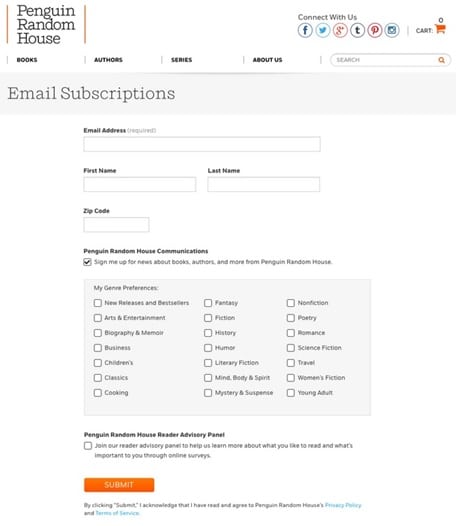 Penguin Random House uses a preference center for their email marketing.