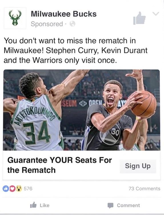 facebook lead ad that shows an intense moment in basketball and invitation to buy tickets