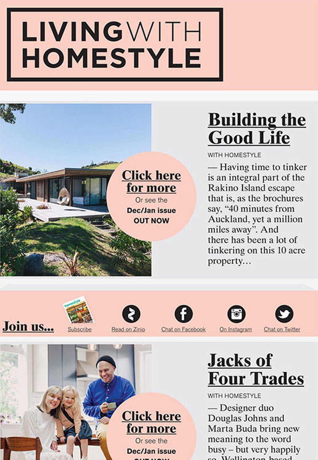 Living with Homestyle uses a simple template with many opportunities to encourage further engagement with its content.