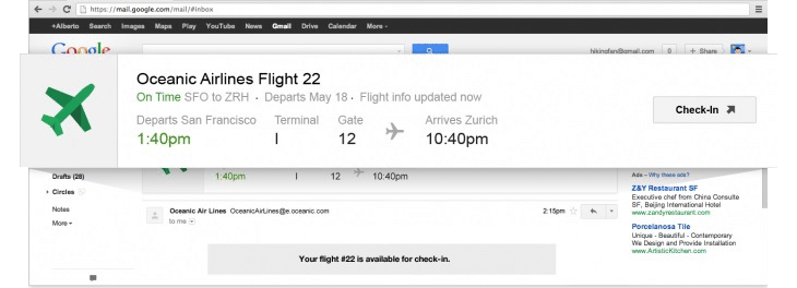 screenshot of a gmail quick action: flight check in 