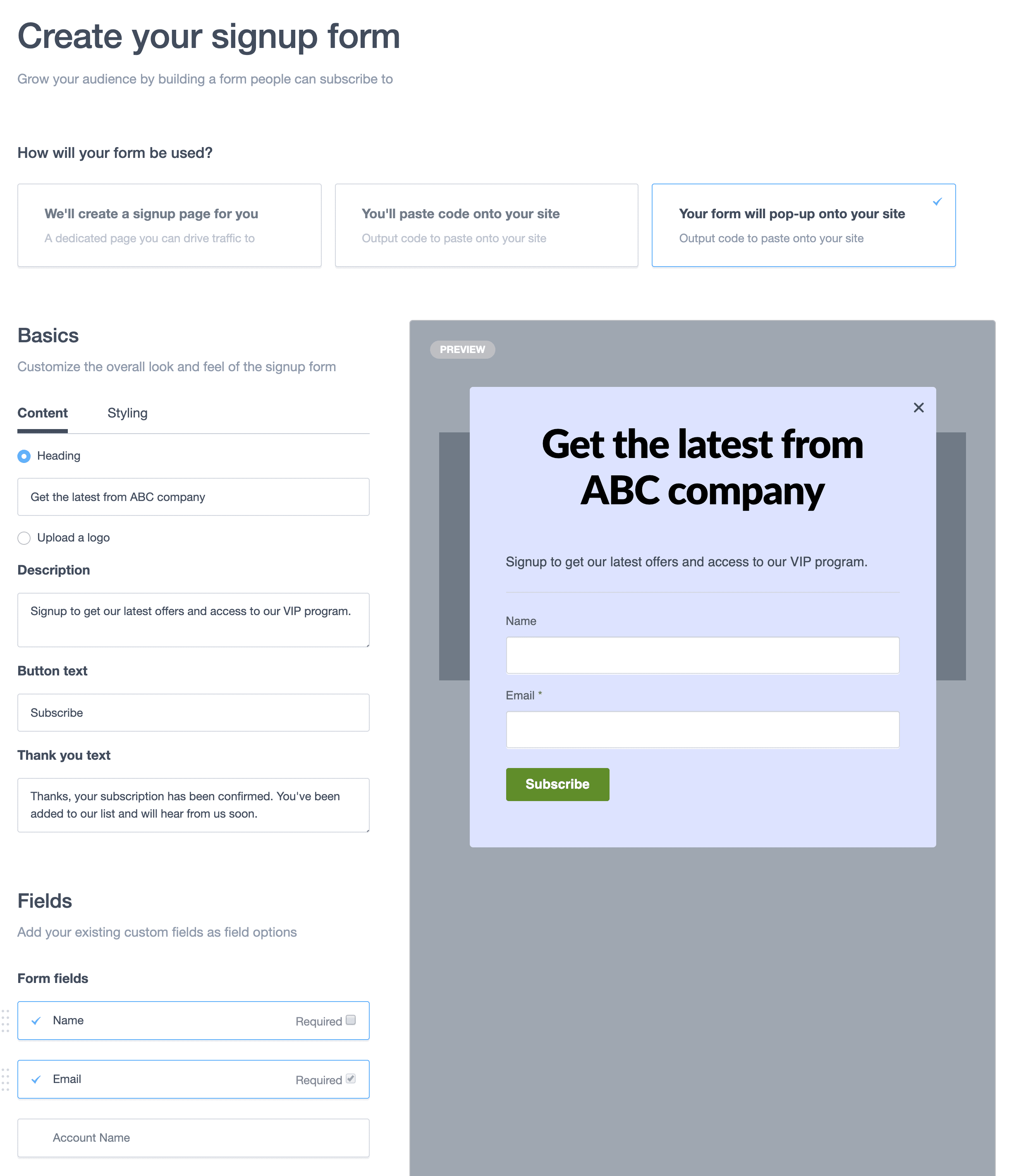 screenshot of the Campaign Monitor signup form builder