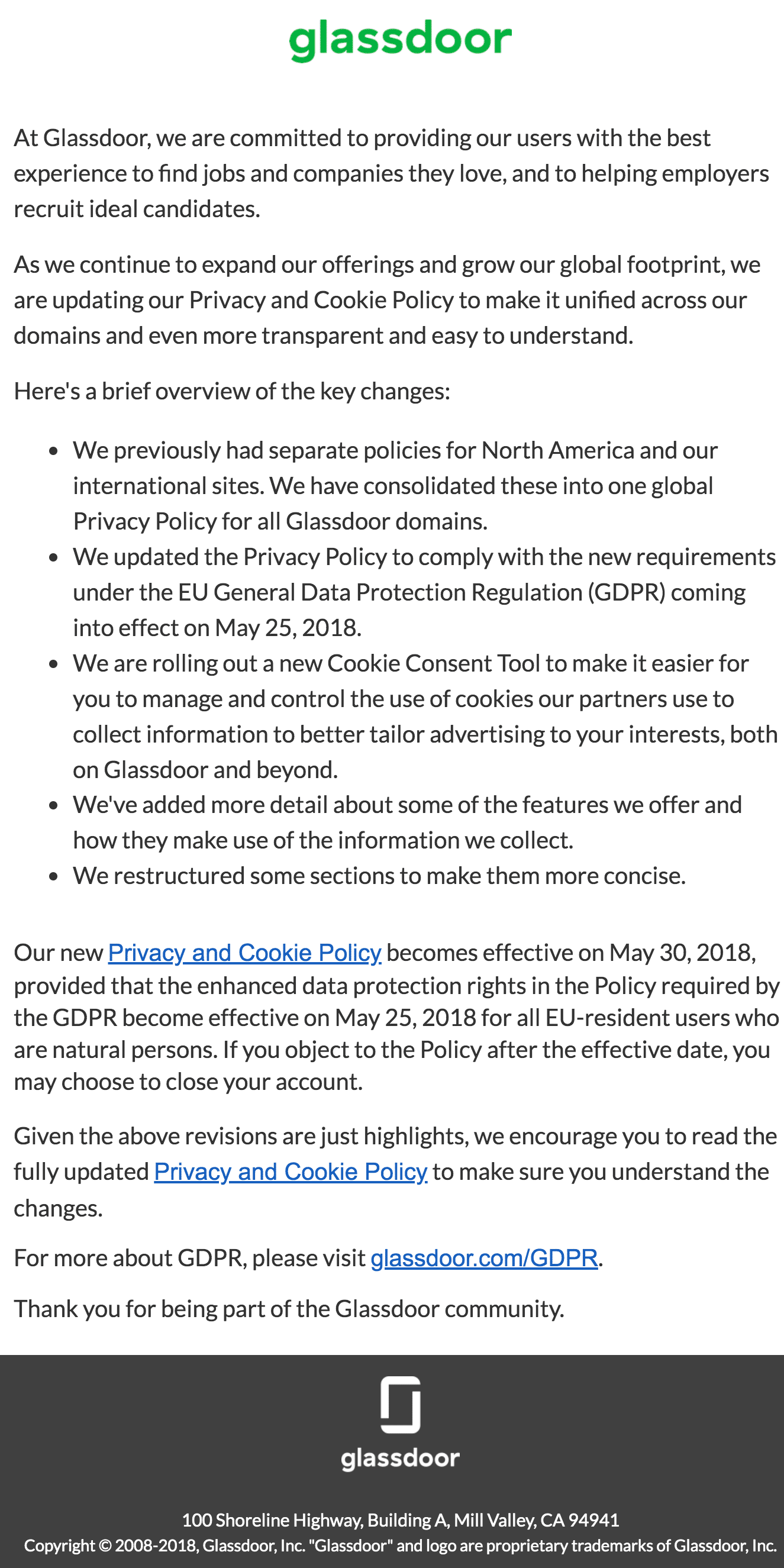 Glassdoor email example - How to write an updated terms & privacy policy email - Great Examples of Updated Privacy notice Emails