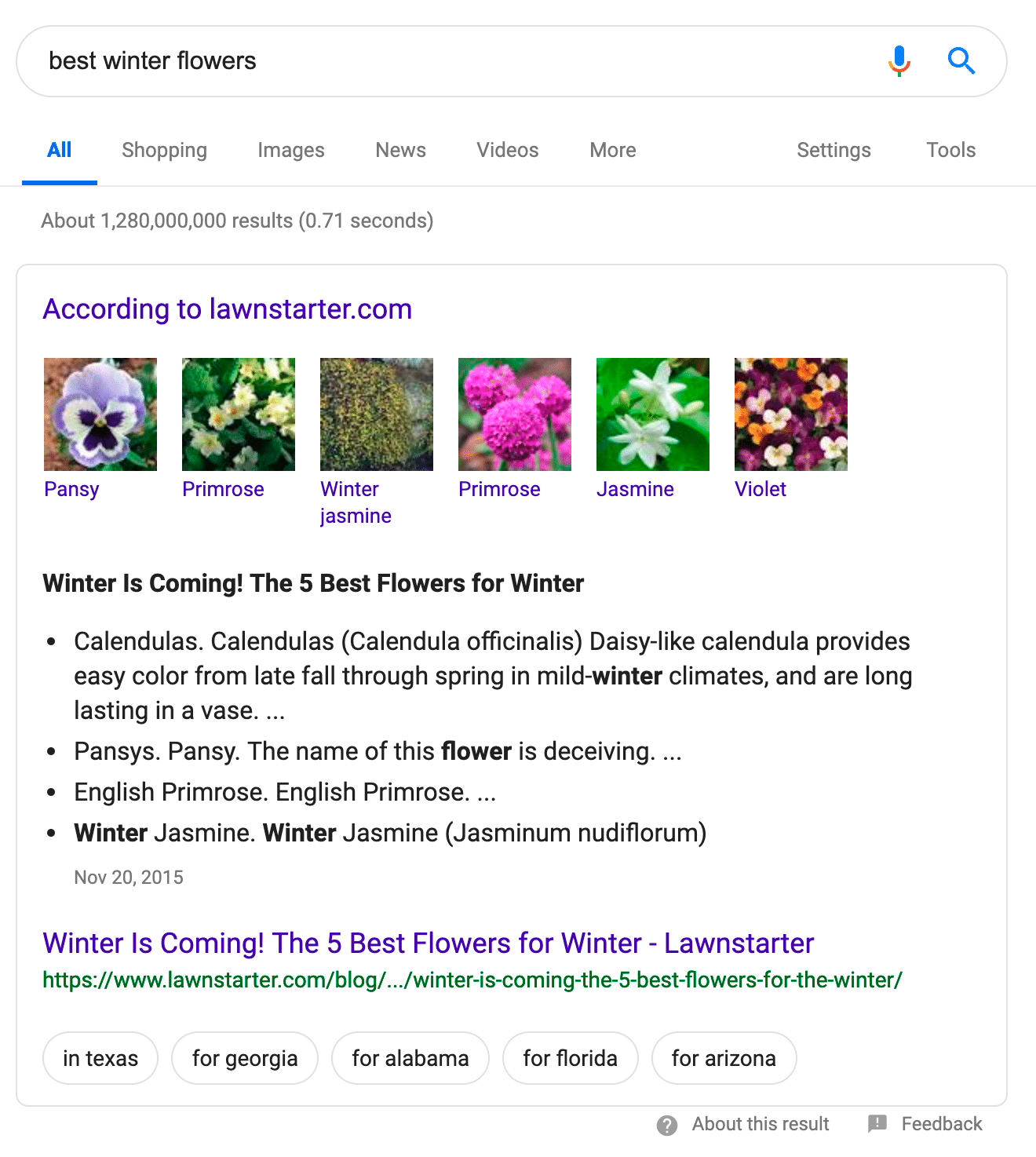 Google snippet example from LawnStarter - SEO for seasonal small businesses