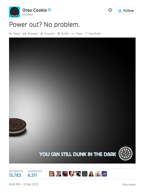 When the power went out at the Superbowl, Oreo utilized real-time marketing on a trending topic with this:
