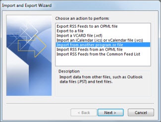 You’ll then choose the option to “Import from another program or file,” and then click on “Next.”