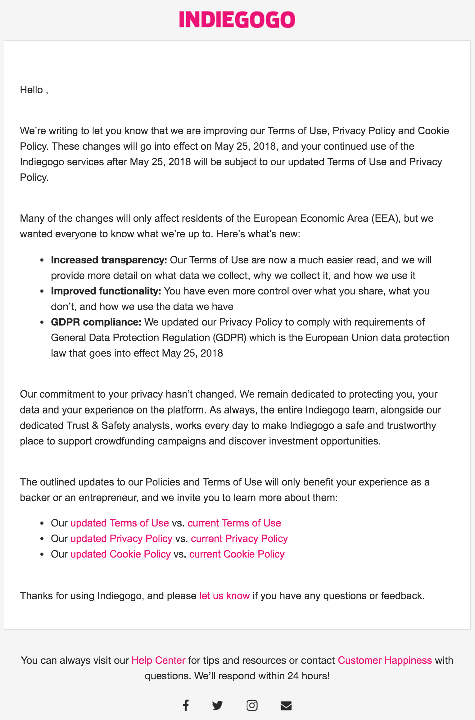 Indiegogo Updated Terms of Use and Privacy Policy email example - Examples of Updated Privacy notice Emails