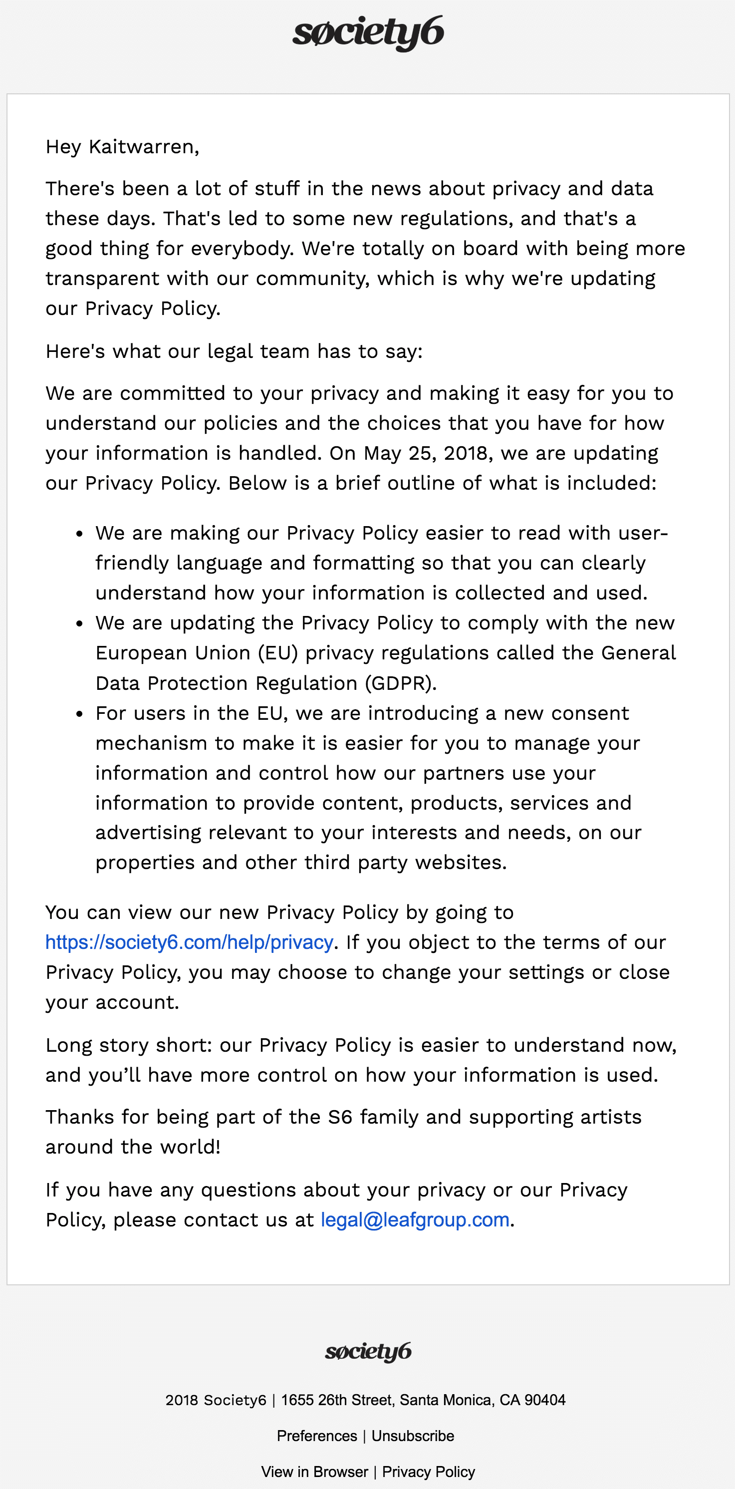 Society6 email example - Tips for writing updated TOU and Privacy Policy email - Great Examples of Updated Privacy Statement Emails