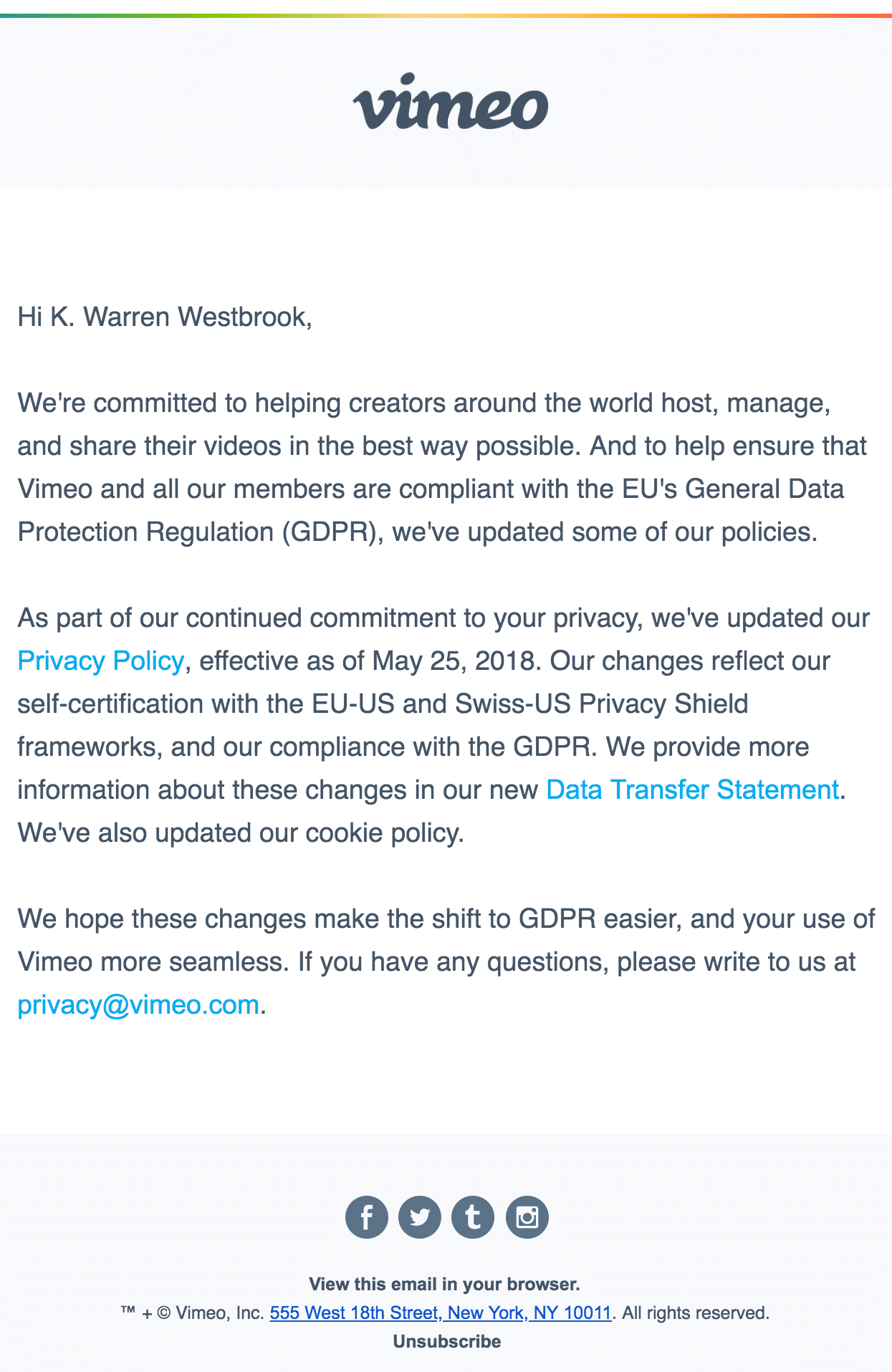 Vimeo TOU email example: Great Examples of Updated Privacy Statement Emails