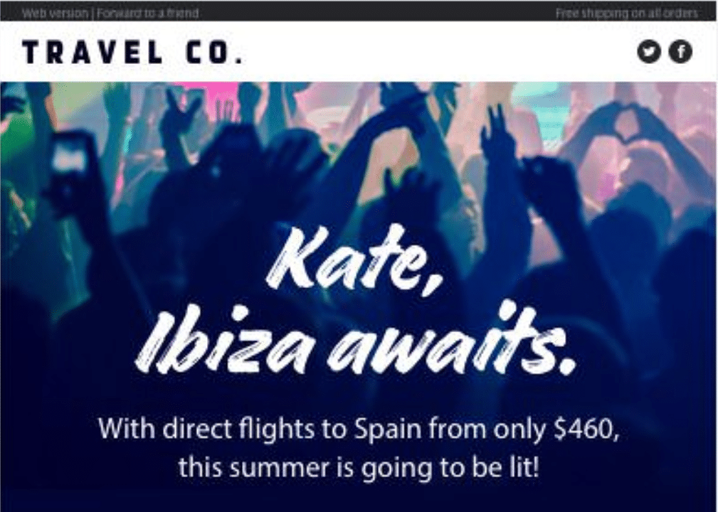 Travel Co. email example for e-commerce conversion rates article