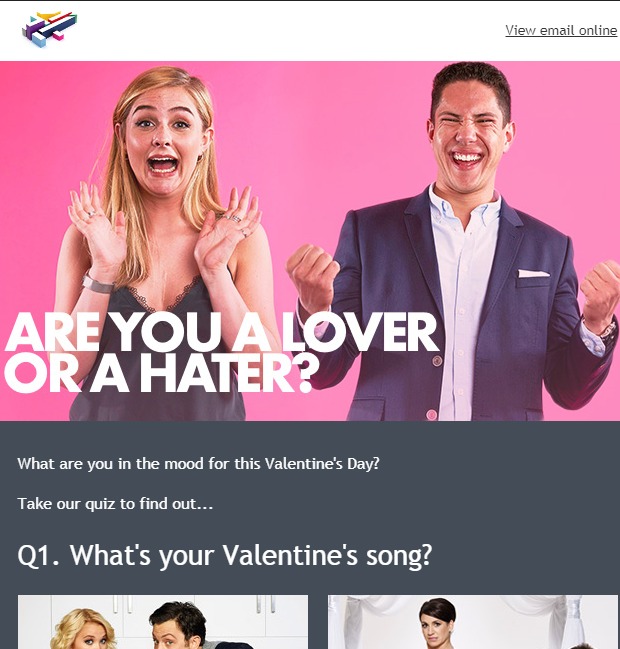Channel 4 sends out an awesome gamification email with a fun questionnaire to woo their customers during Valentine’s day.
