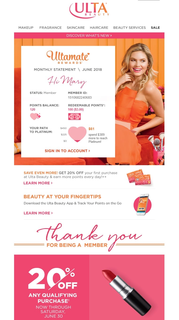 This thank you email from Ulta does more than just check off a box. It uses personalization to deliver a great customer experience.