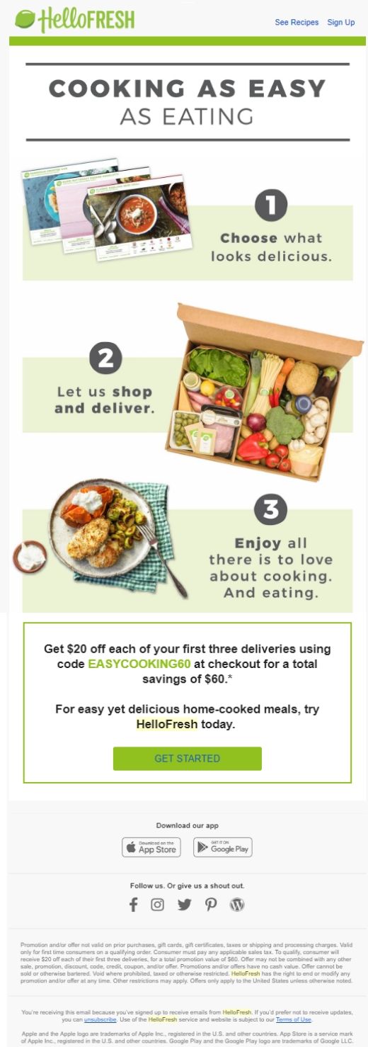 HelloFresh sends this onboarding email that's full of triggered email best practices.