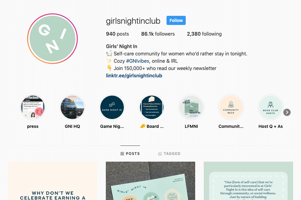 Girls' Night In Instagram bio features a link for quick opt-in to their newsletter. 